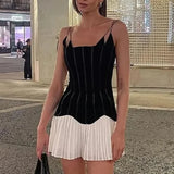 YESMYTOOL  -   Mini pleated Dresses for Summer Women's Dress 2024 New Chic High Waist Velvet Spliced Pleated Bottom Sling Dress