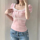 YESMYTOOL  -  Korean Pink Cute Coquette Sweet Summer T-shirts Women Bow Lace Patched Slim Cropped Top Girls Cutecore Tees Clothing