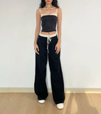 YESMYTOOL  -  Women Trimmed Twill  Contrast  Spongy Faux-Layered Wide-Leg Trousers Pants