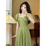 YESMYTOOL  -  Summer Party Dress Women Vintage Elegant Slim Lace V-Neck Green Plaid Long Dress High Waist Birthday Evening Party Midi Dress