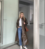 YESMYTOOL  -  2024 Autumn New design Runway Designer Leather Maxi Long Trench Coat With Belt Chic Female PU Windbreaker Classic