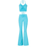 YESMYTOOL  -  Y2K Streetwear Sexy Bandage Blue Co-ord Suits 2000s Fashion Drawstring Halter Top and High Waist Flare Pants 2 Piece Set