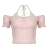 YESMYTOOL  -   Hotsweet Pink Halter Summer T-shirts Women Short Off Shoulder Folds Cutecore Crop Top Coquette Clothes Girls Tee New