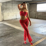 YESMYTOOL  -  Red Lace Sexy Women Two Piece Sets 2024 Winter New Solid Sleeveless Strapless Crop Tops Slim Fit Flare Pants Party Clubwear