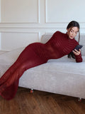 YESMYTOOL  -  2024 Autumn Winter Striped See-through Knitted Long Dress Streetwear Sexy Women's Half High Collar Bodycon Evening Party Dresses