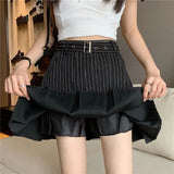 YESMYTOOL  -   Striped Pleated Skirt Women 2024 Summer Vintage Preppy Belt High Waist A-line Mini Skirt for Girls Korean Style Casual