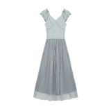 YESMYTOOL  -  French Style V-neck Pleated Mesh Patchwork Dress for Summer 2024, New Sleeveless Mid Length Base Yarn Skirt