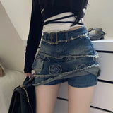 YESMYTOOL  -  Vintage Denim Short Skirt Women Sexy Y2k Floral Coquette Mini Skirts Sweet Retro Streetwear Casual A-line Jean Skirt