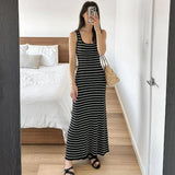 YESMYTOOL  - Black White Striped Knitted Beach Dress Women Elegant Casual Sleeveless Loose Long Dresses Summer Holiday Vacation Outfits 2024