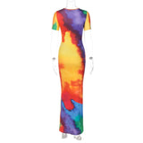 YESMYTOOL  -  2024 Summer Fall Women Rainbow Color Printed Casual Dress Casual Elegant Female O-neck Short Sleeve Tie Dye Long Office Dresses