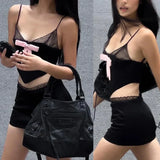 YESMYTOOL  -  Retro Summer Spicy Girl Sexy Sling Top with Lace Lace Edge Wrap Hip High Waist Skirt Black Y2K Party Club Two Piece Set YDL51