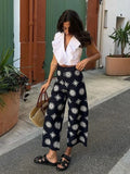 YESMYTOOL  -  Floral Embroidery Cropped Pants Women Summer Casual Zip Navy Blue Fashion Female Pants Pantalones 2024 Mujer