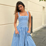 YESMYTOOL  -  Elegant and Beautiful Women Dresses 2024 Summer Spaghetti Strap Long Plaid Dress with Pocket Female Vacation Dress