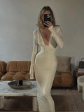 YESMYTOOL  -  Solid Color Long-sleeved Silk Dress Women Slim Sexy Deep V Neck Maxi Dress  Fashion Elegant Party Vestidos Chest Wrap Gowns