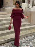 YESMYTOOL   -  Off Shoulder Long Sleeve Knitted Maxi Dress Women Solid Fashion Backless Bodycon Vestidos 2024 New Lady Party Streetwear