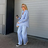 YESMYTOOL  -  Casual Loose Oversized Two Piece Set for Women Elegant Trouser Suit Women with Pants Blue Wide Leg Pants Long Sleeve Shirts Set