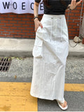 YESMYTOOL  - 2024 New Summer New Fashion High Waist Drawstring Cardo Skirt Casual Sportwear Solid Color Large Pocket Straight Long Skirt