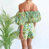 YESMYTOOL  -  Flowers, clouds, bubbles, one-shoulder blouse, tube top+high-waist shorts suit, summer age-reducing pastoral style.