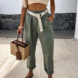 YESMYTOOL  -  Office Lady Elastic Waist Pocket Long Pants Vintage Loose Pleated Sports Trousers Summer Casual High Street Solid Straight Pants