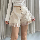 YESMYTOOL  -  Fashion Chic Ruffles Spliced High Waist Shorts Women Lace Trim Buttons Coquette Clothes Summer Shorts Tie Up Outfits