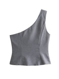 YESMYTOOL  -  Vintage Women Grey Top 2024 Fashion Summer Casual Sweat French Tank Top Button Pocketed Sloping Shoulder Sleeveless Waistco