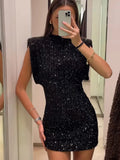 YESMYTOOL  -  Shiny Short Dress Female Y2K Chic Christmas Evening Party Vestidos Fashion Sequin Mini Dress For Women Elegant O-Neck Fly Sleeve