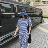 YESMYTOOL  -  l Blue Striped Knitted Dress for Women's Summer New Loose Casual Long Knee Length V-neck Dresses Female Clothing