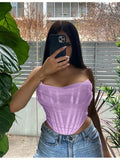 YESMYTOOL  -  Boning Mesh Corset Tops Women Slash Neck Backless Ruched Sexy Summer Crop Top Pink Strapless Tank Top Lavender Cropped