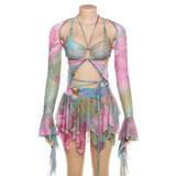 YESMYTOOL  -   Flare Sleeve Butterfly Print Mesh 3 Piece Skirt Set Y2k Fairy Grunge Matching Sets Chic Rave Festival Outfits