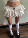 YESMYTOOL  -  Y2k Kawaii Cute Cake Ruffles White Mini Skirt Women Bow Slim Skirt Elastic Waist Summer A-line Skirt Going Out Party Streetwear