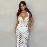 YESMYTOOL  -  Knitted Crochet Hollow Women 2 Piece Set Summer Soild Tank Tops Long Skirts Stretch Vacation Clubwear Matching Elegant Outfits