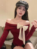 YESMYTOOL  -  Neck Off-shoulder Irregular Bow Long Sleeve Tops 2024 New Summer Women's Korean Sexy Elegant Fashion Casual T-shirts Top