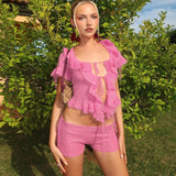 YESMYTOOL  - Pink Ruffles Short Sets Summer Women Knitted Two Piece Sets Y2K Fashion Butterfly Sleeve Tops and Drawstring Slim Short Suits