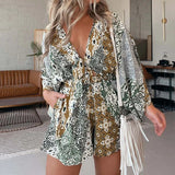 YESMYTOOL  -  Elegant Deep V Neck Flared Long Sleeve Romper Women Casual High Waist Jumpsuits Summer Hollow Lace-up Boho Loose Short Playsuits