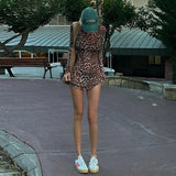 YESMYTOOL  -  Fashion Leopard Print Long Sleeve Mini Dress Party Club Autumn Two Piece Sets Outfits Mesh Sheer Dresses Vestido