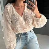 YESMYTOOL  -  Sexy V-neck Long Sleeve Lace-up Blouses Women Elegant Perspective Solid Loose Shirts Fashion Jacquard Pullover Tops Streetwear