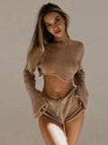 YESMYTOOL  -   Sexy Beach Crop Top Shorts Sets Women Knit Long Sleeve Lace Up Female Suit Summer Holiday See Through 2 Piece Set Womens