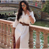 YESMYTOOL  -  Elegant Belt Turn-down Collar Pocket Split Dress Women Single Breasted Lapel Button Maxi Dresses 2024 Summer Office Lady Robes