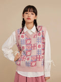 YESMYTOOL  -   Kawaii Preppy Style Sweater Vest Y2k Women Sweet Pink Loose Floral V-Neck Knitted Pullover Sleeveless Plaid Outerwear