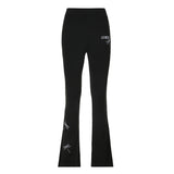 YESMYTOOL  -  Casual Embroidery Slim Autumn Sweatpants Y2K Gothic Aesthetic Basic Flared Trousers Women Korean Full Length Capris