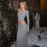 YESMYTOOL  -  Gray Slim Skirt Sets Women Fashion Long Sleeve T-shirt and Maxi Skirt Outfits Autumn Winter Casual Party Two Piece Set 2024