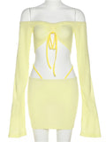 YESMYTOOL  -  Y2K Aesthetics Sexy Co-ord Sets Yellow 2000s Clubwear Off Shoulder Flare Sleeve Crop Tops and Micro Skirt 2 Piece Suits