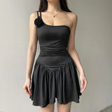 YESMYTOOL  - European and American New Monochrome Fashion Slanted Shoulder Rose Brooch Dress, Temperament Waist Cinching A-line Short Skirt