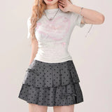 YESMYTOOL  -   Kawaii Pleated Bow Mini Skirt Grey Sexy Sweet Dot Irregular Short Skirts Coquette Patchwork Casual Preppy Style Skirt