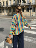 YESMYTOOL  -  Women Fashion Colorful Stripes Crochet Knitted Cardigan Elegant Long Sleeves Open Front Sweater Coat 2024 Autumn High Streetwear