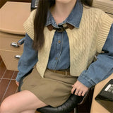 YESMYTOOL  -  High Street Vintage Denim Shirts With Knitted Cardigans Vest Spring 2024 Loose Chic New Slim Casual Daily Office Lady