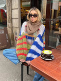 YESMYTOOL  -  Casual Knitted Colorful Stripes Sweater Women Fashion O Neck Puff Long Sleeves Short Pullover Autumn Lady High Street Jumper