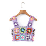 YESMYTOOL  -  Summer Hollow Out Crochet Top Women Cute Cropped Tops Retro Cool Girl Rainbow Short Tee Holiday Top and Tees