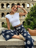 YESMYTOOL  -  Floral Embroidery Cropped Pants Women Summer Casual Zip Navy Blue Fashion Female Pants Pantalones 2024 Mujer