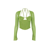 YESMYTOOL  -  Soolasea 2024 New Casual Green Corset T Shirt Women Mesh Top Long Sleeve Transparent Female Satin Lining Short Summer T-shirts